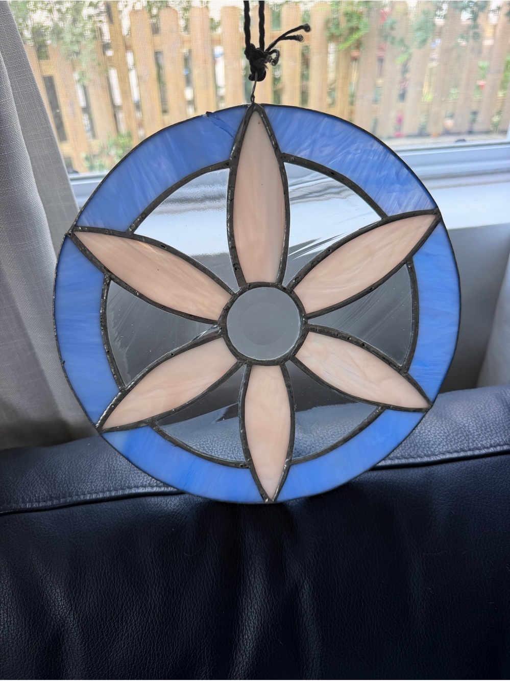 10” round pink & blue floral handmade stained glass flower art
